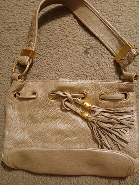 Elliott Lucca Beige Leather Shoulder Bag with Tassel and Gold Accents